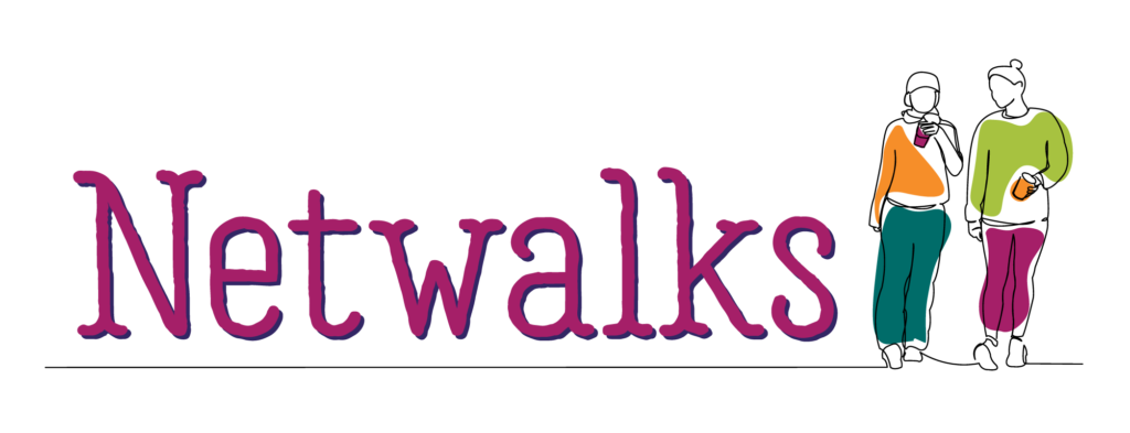Image shows sketch inmages of two people walking, talking and carrying coffee cups next to the text Netwalks